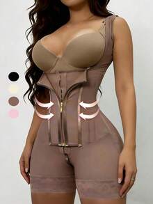 Women's Tummy Control Open Bust Body Shaper With Butt Lift, Thigh Slimming, Zipper Closure, Hip And Waist Sculpting Bodysuit - Mocha Brown - View 1