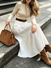 Women's Solid Color Elastic Waist Layered Design Casual Elegant Skirt, Suitable For Office, Daily Wear, Vacation, Date, All Seasons - White - View 3
