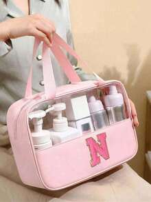 1pc Pink PU Leather Transparent Toiletry Bag, Portable Chenille Letter Storage Bag With Embroidered Letters, Makeup Bag, Wash Bag, Travel Bag, Bathroom Accessory, Suitable For Home, Outdoor, Daily Use. - Multicolor - View 15
