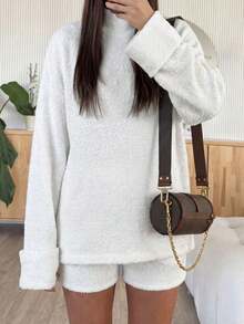 Unadoll Women Fall Winter White Textured Knit Two Pieces Outfit, Elegant Basic Turtleneck Top & Shorts Set For Back To School, Daily Going Out - White - View 10