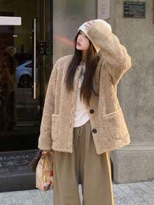 Jaket Kulit & Bulu Fleece Wanita Musim Gugur/Dingin Terbaru, Lapisan Termal Tebal, Gaya Retro Vintage - Khaki - View 7