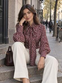 Women's Spring/Autumn New French Coffee Color Polka Dot Blouse, Loose Comfortable Top, Fashionable Versatile Long Sleeve Top - Brown Polka Dot - View 4
