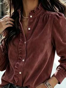 Women's American Street Style Solid Color Faux Suede Long Sleeve Shirt, Ruffle Collar Puff Sleeve Loose Fit Versatile Top With Front Buttons And Pleated Trim, Suitable For Daily And Office Wear - Redwood - View 4