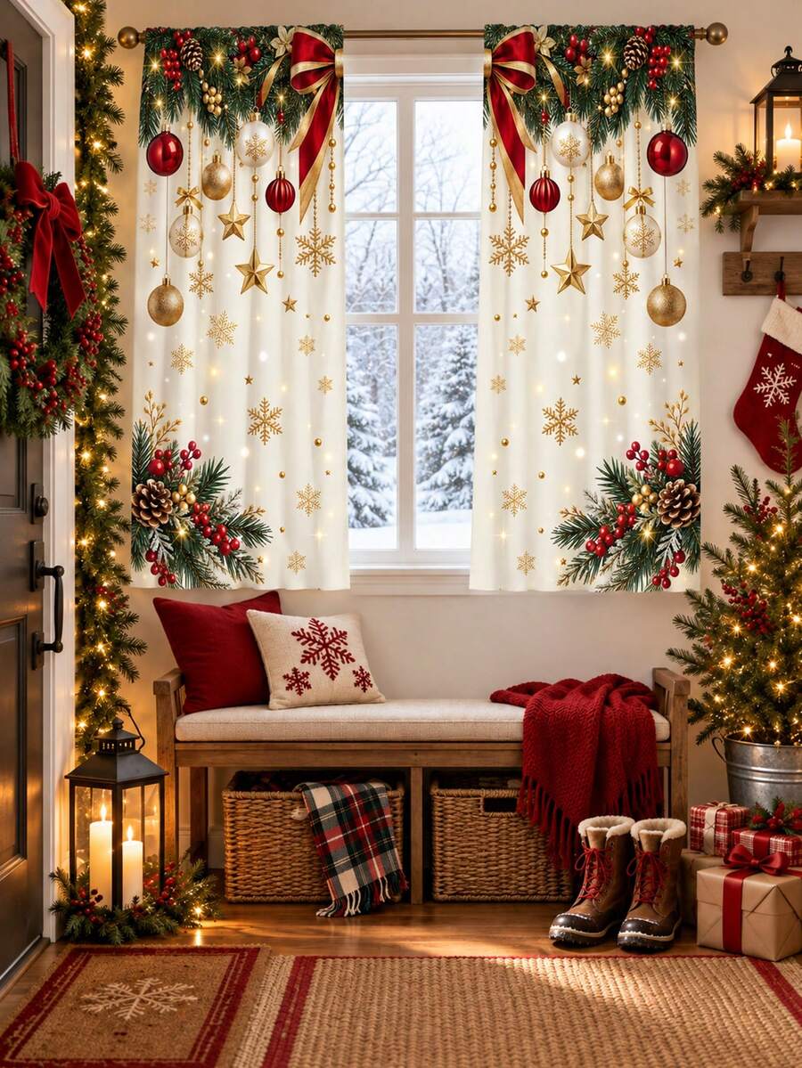2pcs Christmas Printed Curtains, Festive Spandex Window Panels With Red Bow, Pine Garland, Ornament, Star And Snowflake Pattern, Light Filtering Rod Pocket Drapes For Living Room, Study, New Year Winter Decor - A - View 1