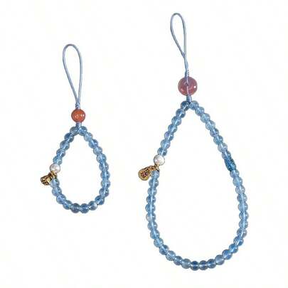 1 Stück chinesischer Stil Perlen-Handgelenkschlaufe für Handy, eisblau Aquamarin Handy-Kette mit Glücks-Anhänger, Anti-Verlust Handy-Schlaufe, eleganter Handy-Anhänger für Frauen, Taschen-Accessoire Geschenk