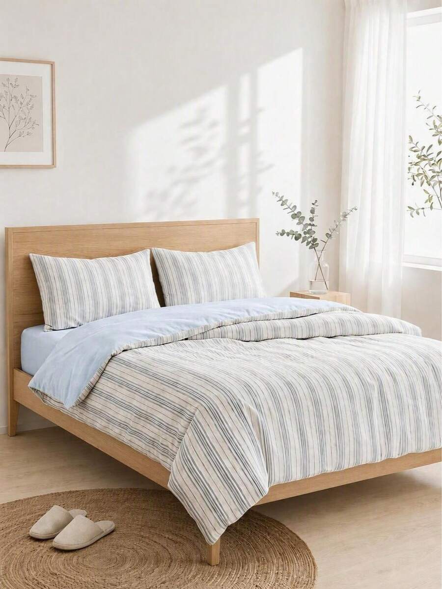 Haus Hana 3pcs 100% Polyester Vintage Boho Style Minimalist Stripe Printed Duvet Cover Set, 2 Pillowcases + 1 Duvet Cover (No Fitted Sheet, No Inner Core), All-Season Available, Machine Washable - Multicolor - View 1