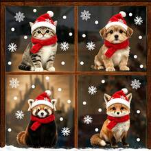 4PCS/1PC Christmas Stickers‑Themed Cute Pet Window Static Stickers: Cat, Dog, Red Panda & Fox Decals, Delicate Snowflake Ornaments For Holiday Home Party Decor, Holiday Home Decor - Multicolor - View 8