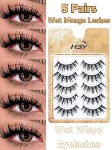 5 Pairs Wet Manga Style Strip False Eyelashes, Anime Spiky Wet Wispy Fake Lashes, Natural Layered Look Eyelashes, Soft Lightweight Reusable Strip Lashes, Eye Makeup Tools For Daily Wear And Cosplay - Gold - View 7