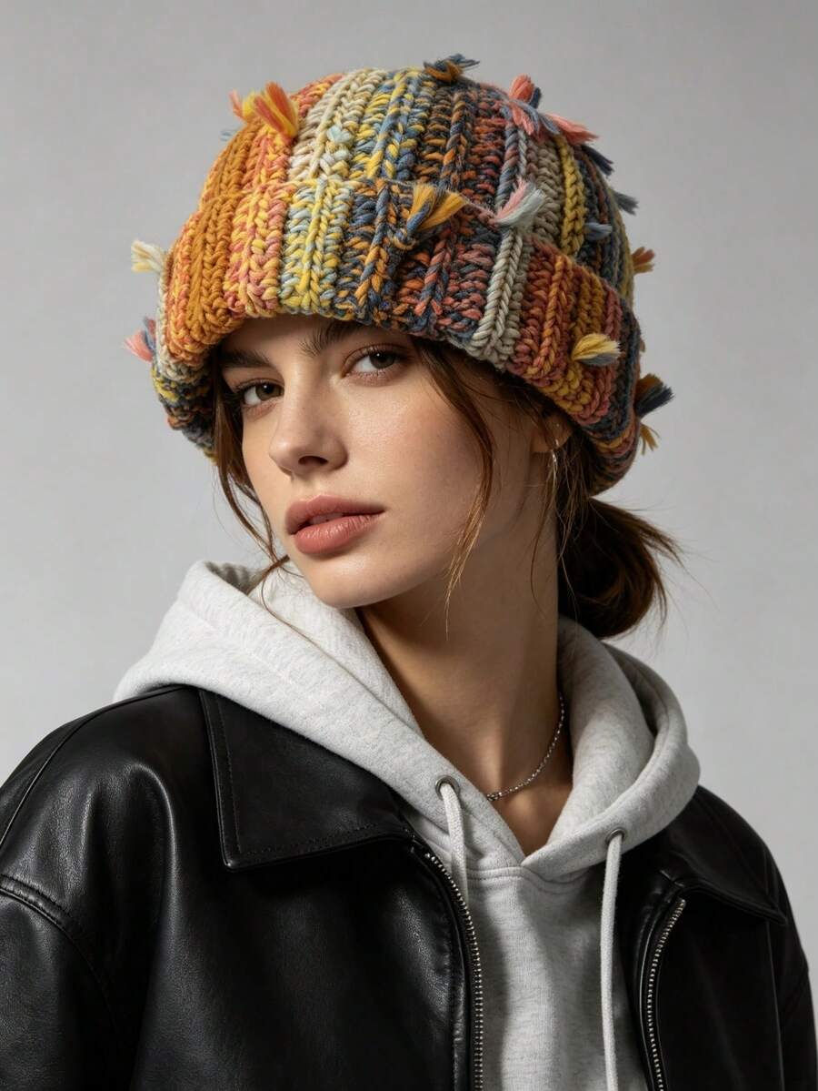 1pc Unisex Handmade Knitted Dopamine Colorful Contrast Tassel Beanie, Autumn/Winter New Ear-Warm Fashion Knitted Hat, Versatile Style - Knitted Hat - View 1