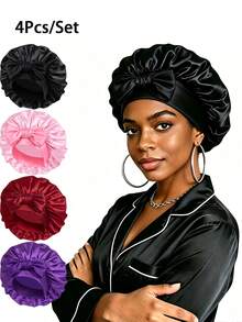 4pcs/Set Women's Satin Tie-Up Sleep Cap, Adjustable Bow Hair Bonnet, Long Hair Nighttime Hair Care Cap - Multicolor (4pcs) - View 21