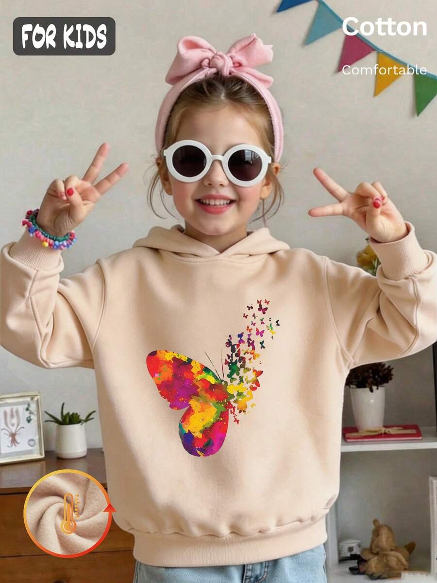 Autumn Winter Girls Fleece Hoodie Colorful Butterfly Print White Long Sleeve Y2K - Apricot - View 1