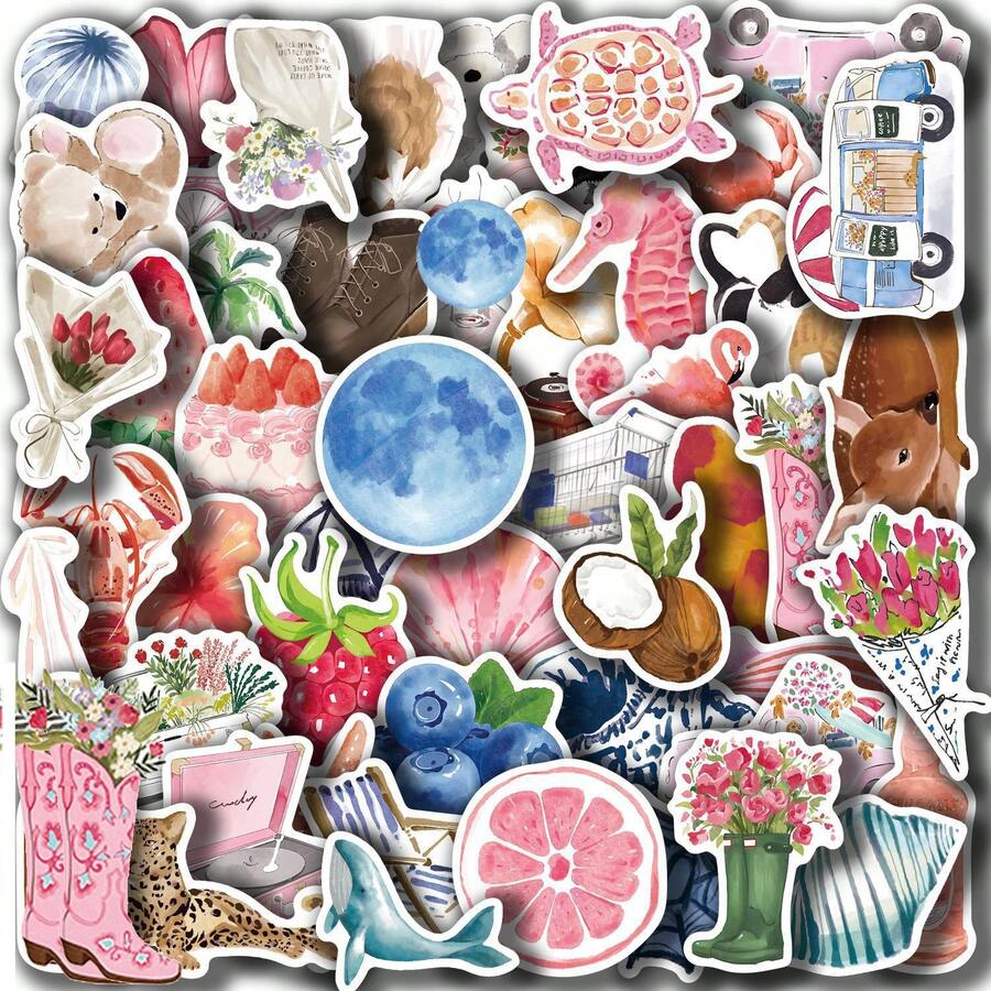 somoving 50pcs Retro Watercolor Stickers - Vibrant Vinyl Aesthetic Decals For Scrapbooking, Laptops, Water Bottles, Phones & More | Whimsical Nature, Animals, Food & Object Designs, Scrapbook Stickers - Multicolor - View 1