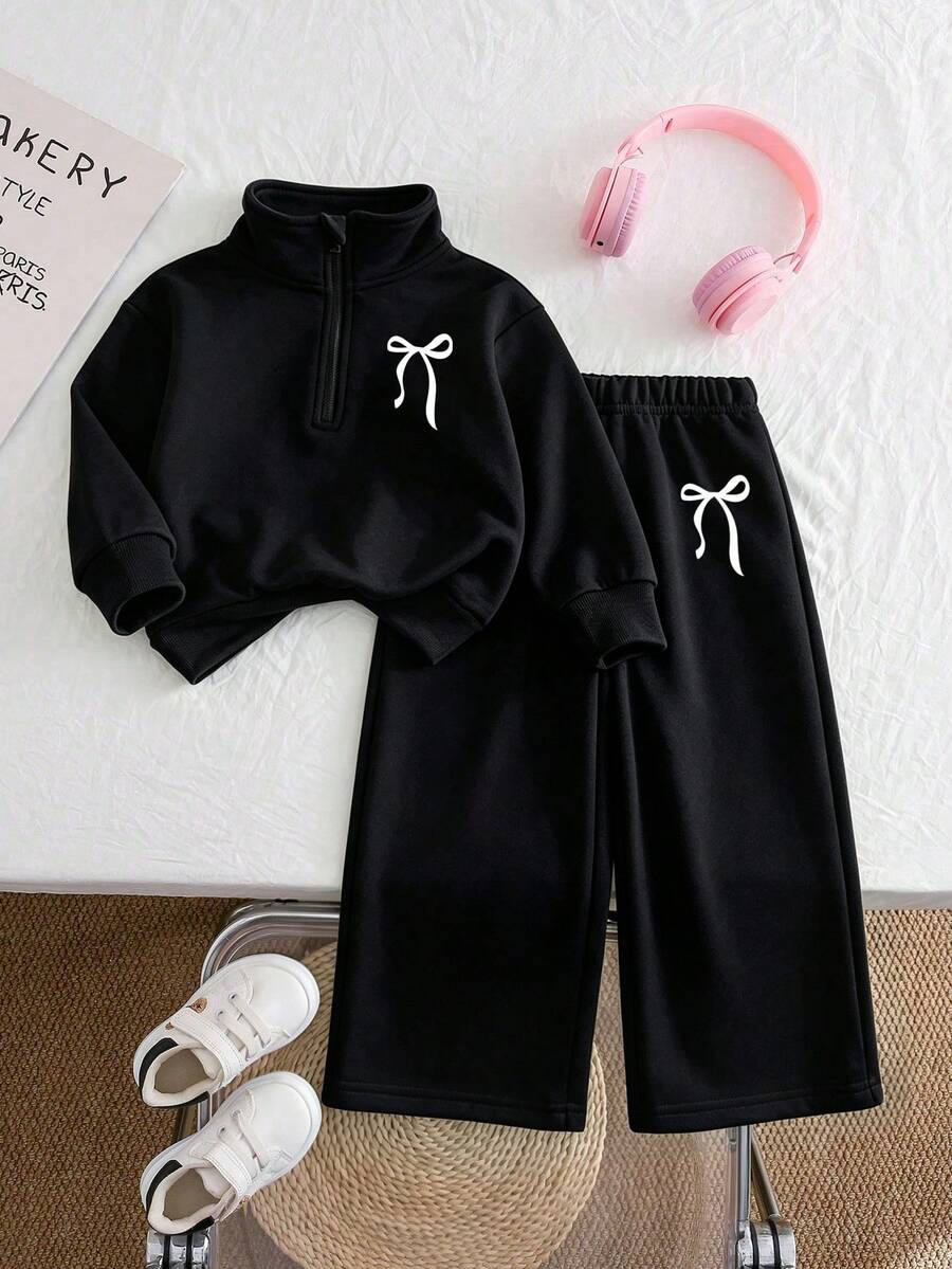 女童卡通熱轉印純色運動服套裝,極簡設計,舒適適穿,適合春秋冬季,2件組 - 黑色 - 查看 1