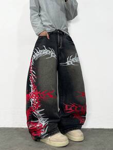 Justice Brother 1pc Korean Style Personalized Design Dual-Color Print Men's Denim Jeans Fashion All-Season Versatile Wide Leg Pants Casual Comfortable Long Trousers (Belt/Accessories Not Included) - Black - View 9
