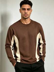 ZYNTH BALENO Men's Fashion Patchwork Loose Drop Shoulder Crew Neck Long Sleeve T-Shirt, Suitable For Gym, Sports, Running, Hiking - Brown - View 1