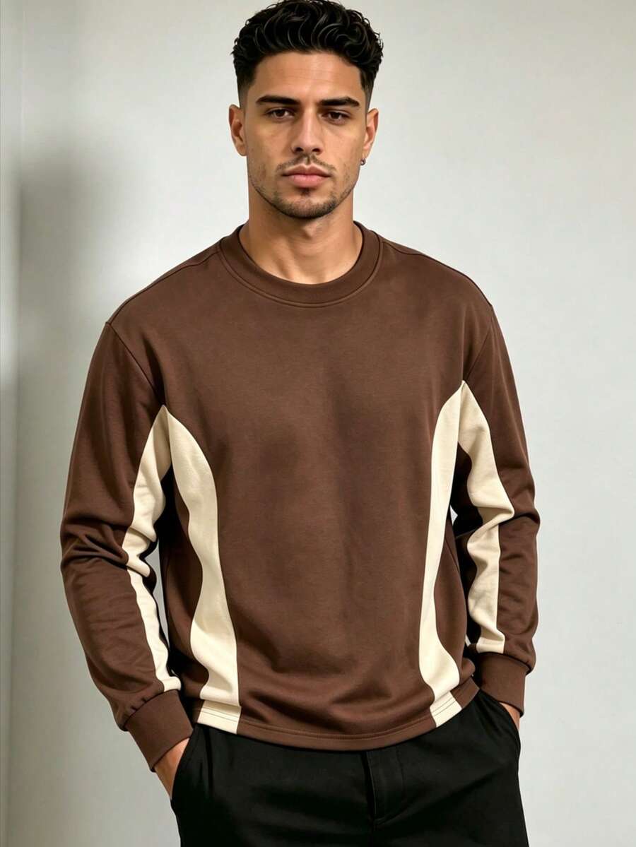 ZYNTH BALENO Men's Fashion Patchwork Loose Drop Shoulder Crew Neck Long Sleeve T-Shirt, Suitable For Gym, Sports, Running, Hiking - Brown - View 1