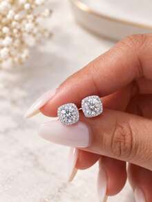 AnlaScheer 1pc 0.03-0.5ct Moissanite 925 Sterling Silver Halo Flat Back Cartilage Spiral Piercing Ear Stud, Women's Engagement Wedding Bridal Jewelry - Silver - View 3