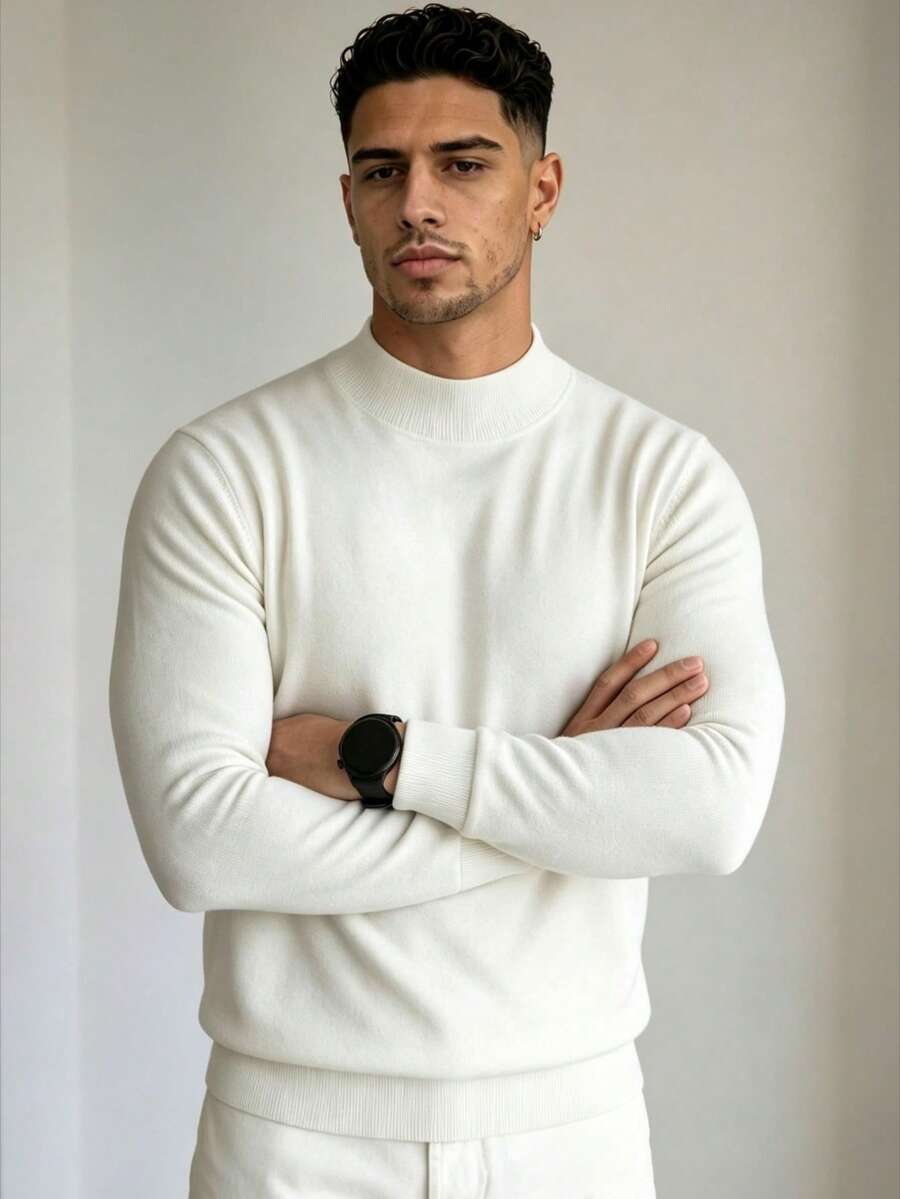 ZYNTH BALENO Men's Autumn/Winter Fashion Mock Neck Long Sleeve Sweater, Suitable For Fitness, Running, Hiking, White - White - View 1
