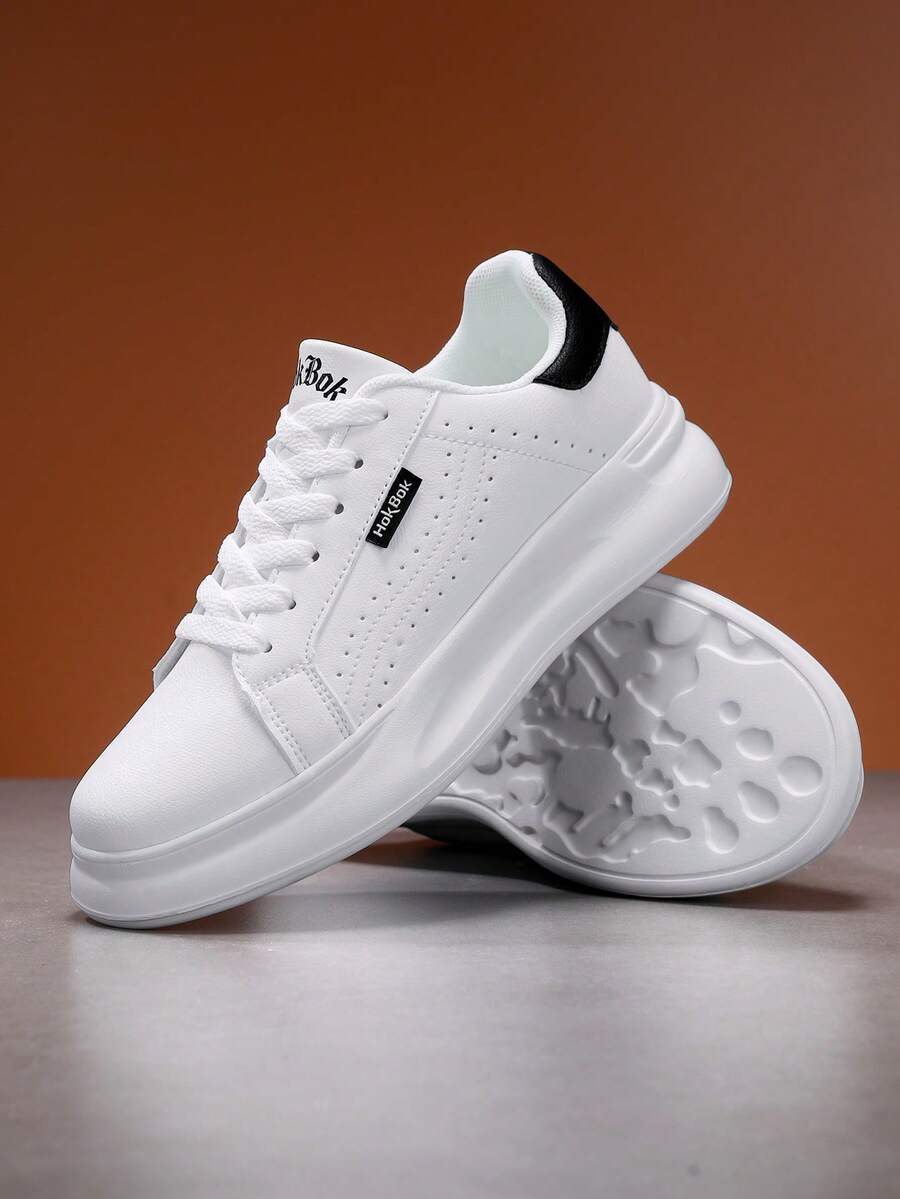 Giày sneaker nam tăng chiều cao, thoáng khí, phối màu tương phản, đục lỗ, mũi tròn, cổ thấp, buộc dây, đế dày, phong cách đường phố, màu trắng, chất liệu PU - màu đen - Xem 1