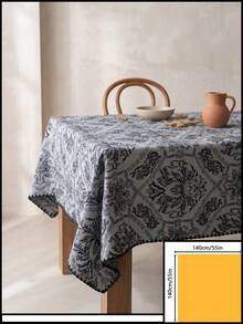1pc Grey-Blue Base Black Vintage Damask Floral Pattern Tablecloth, Retro Classic Style Fabric Material, Rectangular Black Wavy Jagged Edge Detail, Stain-Resistant Protection For Tabletop And Decorative Enhancement, Suitable For Daily Home And Retro Classic Style Restaurant Decor - Black - View 14