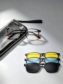 Unisex 3-In-1 Magnetic Clip On Square Eyewear Set With 3 Replaceable Lens & Storage Pouch,Suitable For Driving Daily Wear - Grey - View 9