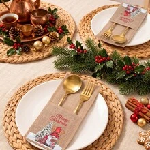 5pcs Christmas Jute Tableware Bags, Reusable, Portable Storage For Cutlery And Napkins, Suitable For Christmas, Birthday Party, New Year, Thanksgiving Decoration - Multicolor - View 11