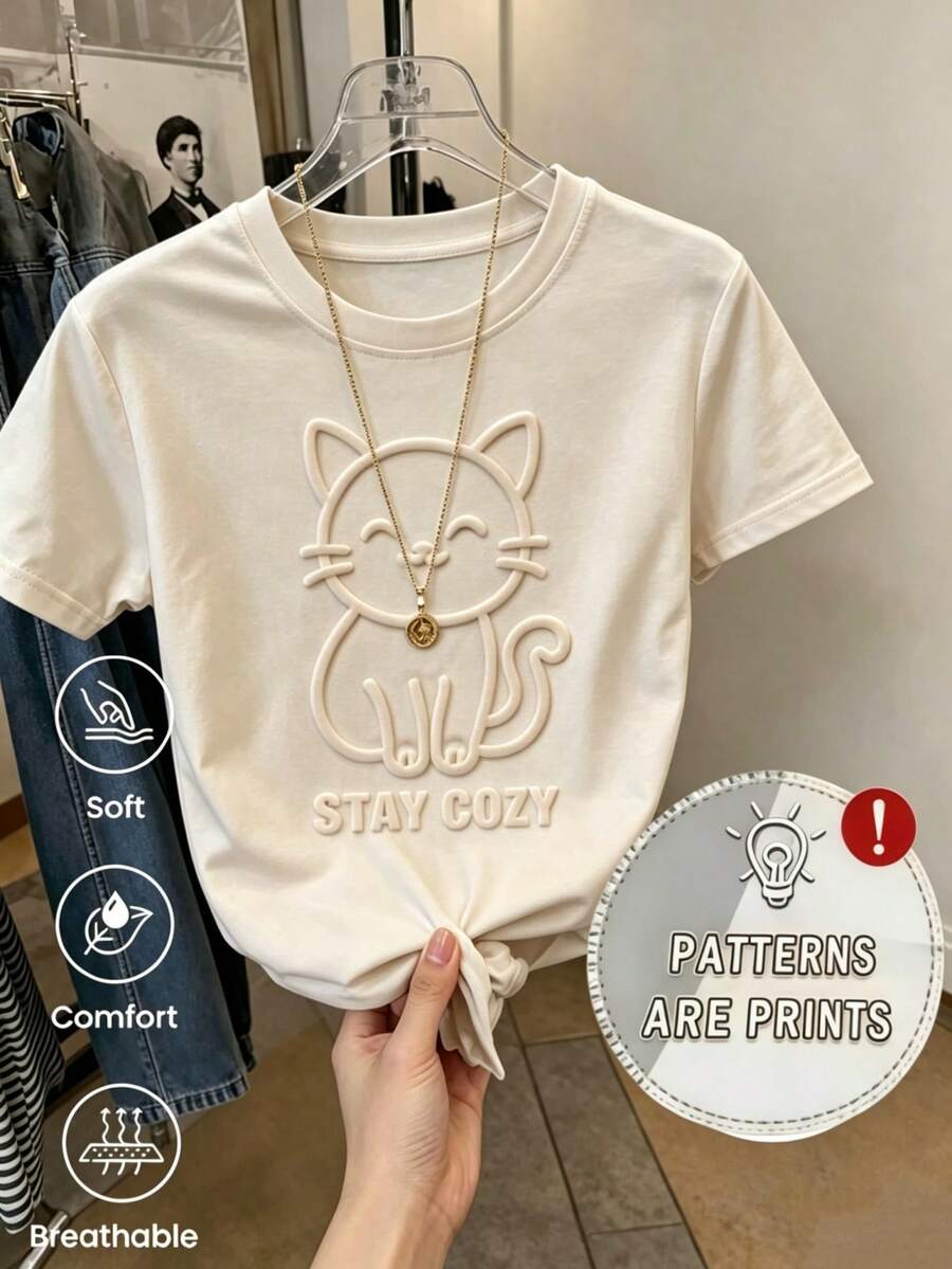 Camiseta Y2K divertida de manga corta con estampado, primavera‑verano‑otoño, 1 pieza, unisex para pareja, cuello redondo, uso interior y exterior, para oficina, ocio y deporte - Albaricoque - Ver 1