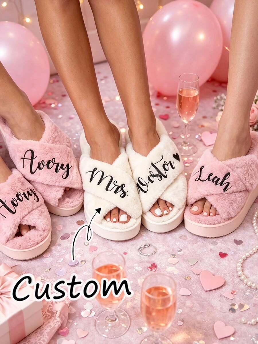Customized Bridal Slippers, Customized Plush Slippers, Suitable For Bachelorette Party, Bridesmaid Gift, Fashion Decor, Minimalist Style, Casual Cute, Comfortable Unique, Ideal Gift For Family And Friends - Multicolor - View 1