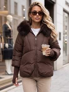 Women's Quilted Puffer Jacket, Faux Fur Hood Trim, Zip Front, Ribbed Cuffs, Relaxed Fit - Coffee Brown - View 2