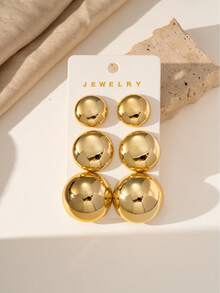 6/12pcs Gold Fashionable Smooth Round & Textured Women's Earrings Set, Vintage Elegant Ear Jewelry, Suitable For Daily, Holiday, Party Wear - Gold - View 2