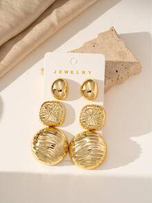 6/12pcs Gold Fashionable Smooth Round & Textured Women's Earrings Set, Vintage Elegant Ear Jewelry, Suitable For Daily, Holiday, Party Wear - Gold - View 6