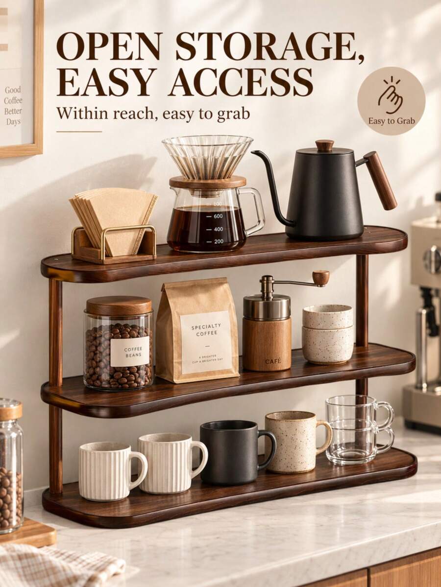 2-Tier Vintage Wooden Desktop Storage Rack, Vertical Shelf, Painted Material, Retro Texture, Durable Wooden Material, Space-Saving Design, Suitable For Coffee Station Cup And Coffee Bean Placement, Kitchen Condiment Bottle Organization, Cosmetic Countertop Organization, Living Room Desktop Accessory Organization, Multi-Functional Room Decor, Bedroom Decor, Shelf, Rack - View 1