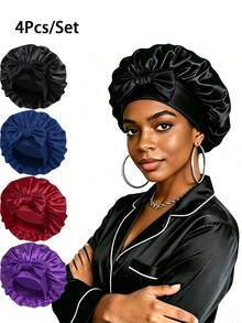 4pcs/Set Women's Satin Tie-Up Sleep Cap, Adjustable Bow Hair Bonnet, Long Hair Nighttime Hair Care Cap - Multicolor (4pcs) - View 19