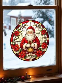 1pc Round Stained Glass Style Christmas Static Window Clings, No Glue Removable Window Decals, Won't Hurt Glass, Festive Atmosphere Decor - Multicolor - View 4