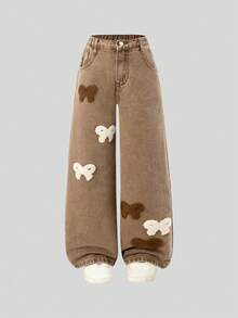 Girls' Bowknot Wide Leg Loose Denim Jeans, Embroidered Straight Leg Denim Pants, Y2K Style, Autumn/Winter New, Suitable For Outings, Dates, Shopping And Various Occasions - Brown - View 3