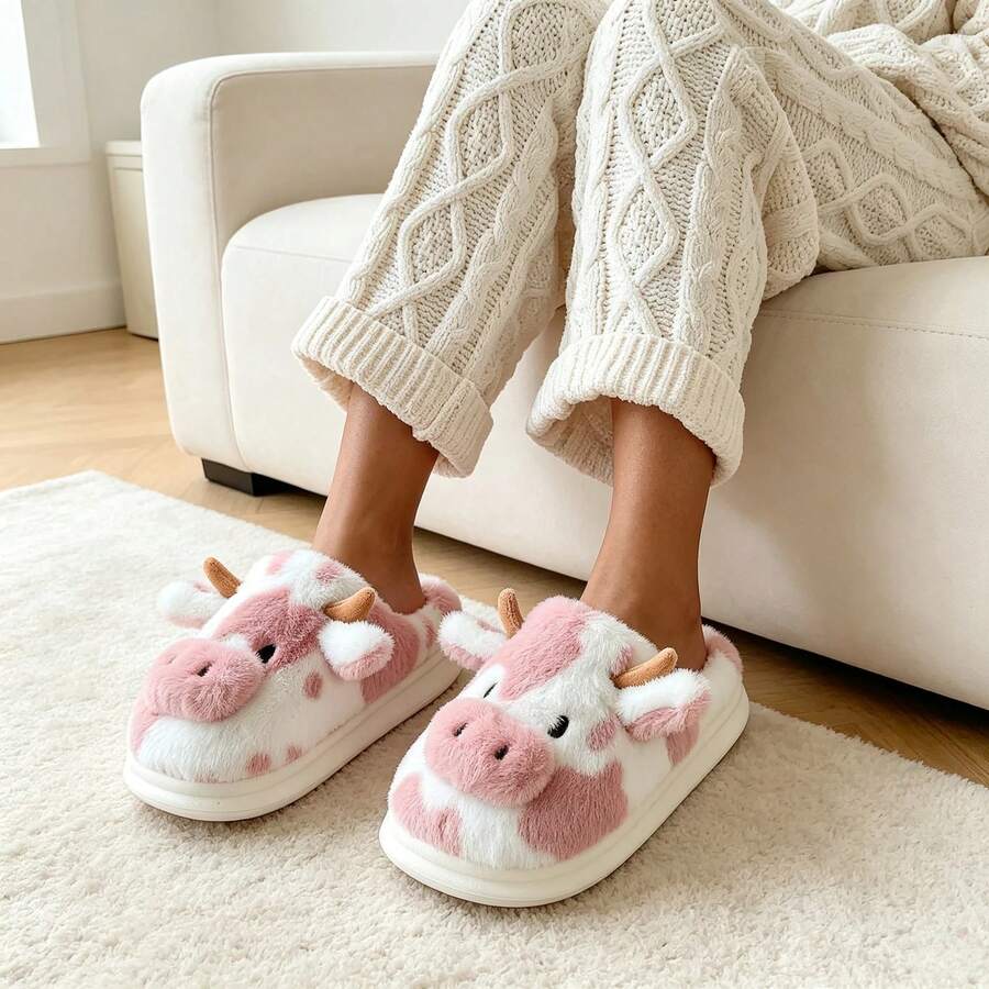 Women's Autumn New Cow Print Plush Slippers, Indoor Home Warm Thick Sole Flip Flops - Pink - View 1