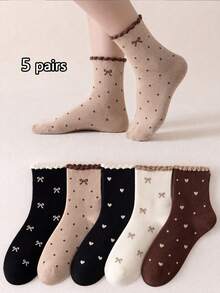 1/5 Pairs Women's Sweet Heart Bow Mid-Calf Socks, Soft & Breathable, Personalized, Preppy Style, Suitable For Home, Commute, Holiday Gifts - Multicolor - View 6
