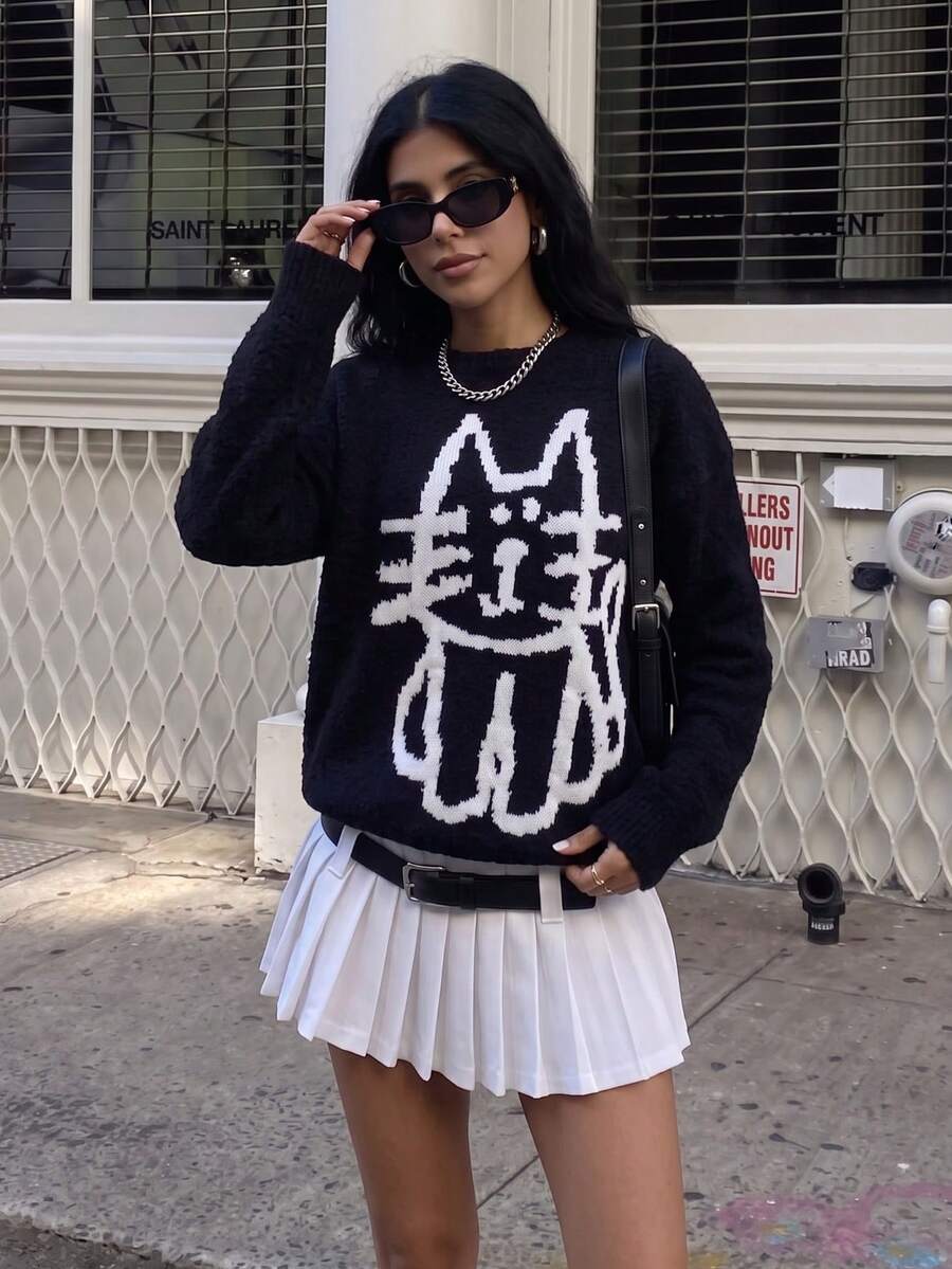 Women's Crew Neck Fashion Minimalist Cute Pattern Loose Sweater Autumn/Winter - Black - View 1