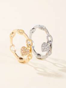 1Pc Gold Color Copper Inlaid CZ Ring, Chain Link Band With Paved Heart Charm Ring For Women Daily Dating Party Jewelry Gift - Multicolor - View 1