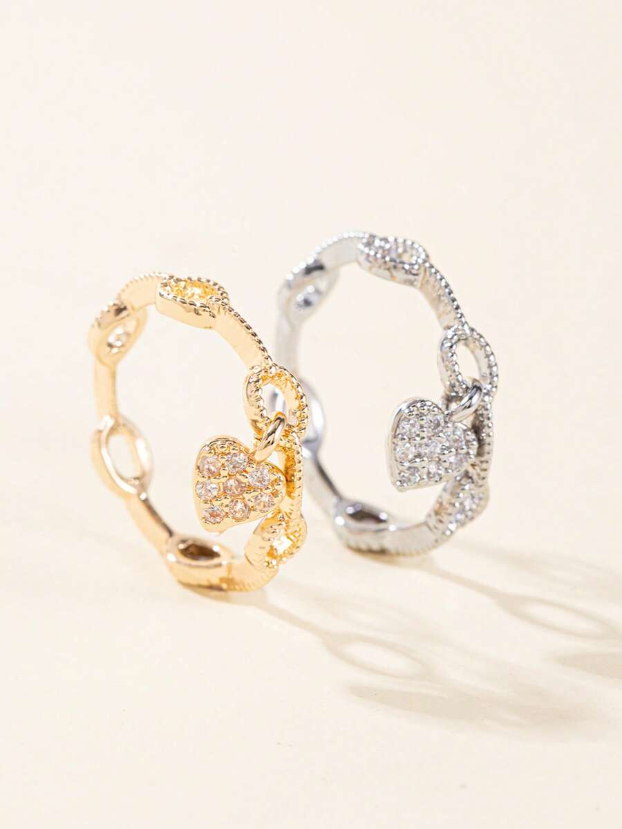 1Pc Gold Color Copper Inlaid CZ Ring, Chain Link Band With Paved Heart Charm Ring For Women Daily Dating Party Jewelry Gift - Multicolor - View 1