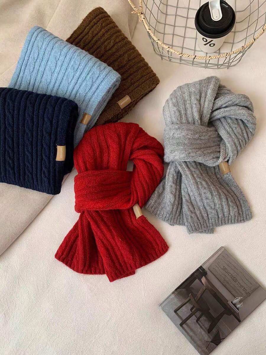 1PC Women's Casual Solid Color Scarf, Autumn/Winter Versatile Cable Knit Texture Warm College Style Knitted Knitted Neck Warmer - Multicolor - View 1