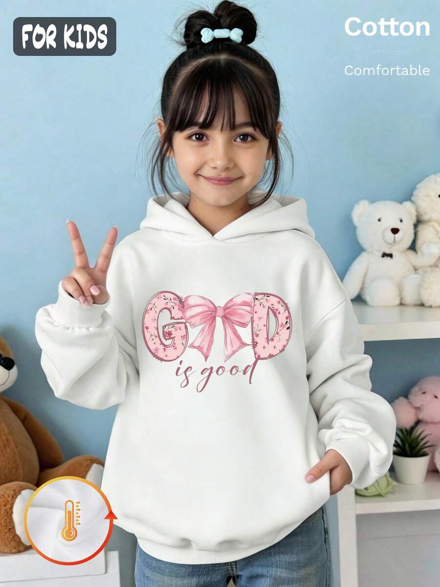 Autumn Winter Girls Fleece Hoodie With Pink Bow And 'is Good' Letter Print, Long Sleeve Ribbed Cuffs Y2K - White - View 1