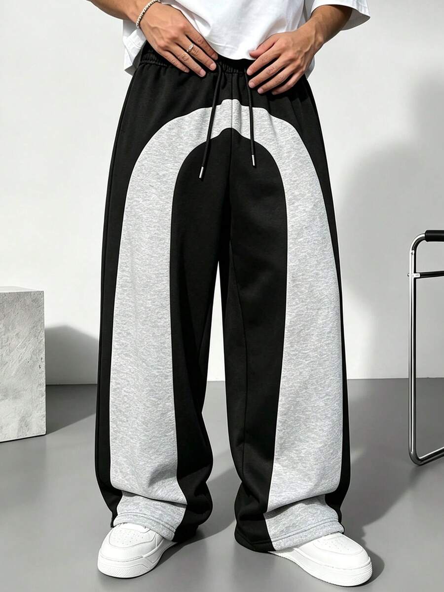 Pantalones de pierna ancha con cintura de cordón y bloques de color estilo Old Money para hombres - Negro - Ver 1