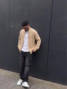 BLACKTOEXIT Men's Dropped Shoulder American Retro Minimalist Casual Daily Commute Knitted Cardigan Sweater, Autumn/Winter - Khaki - View 6