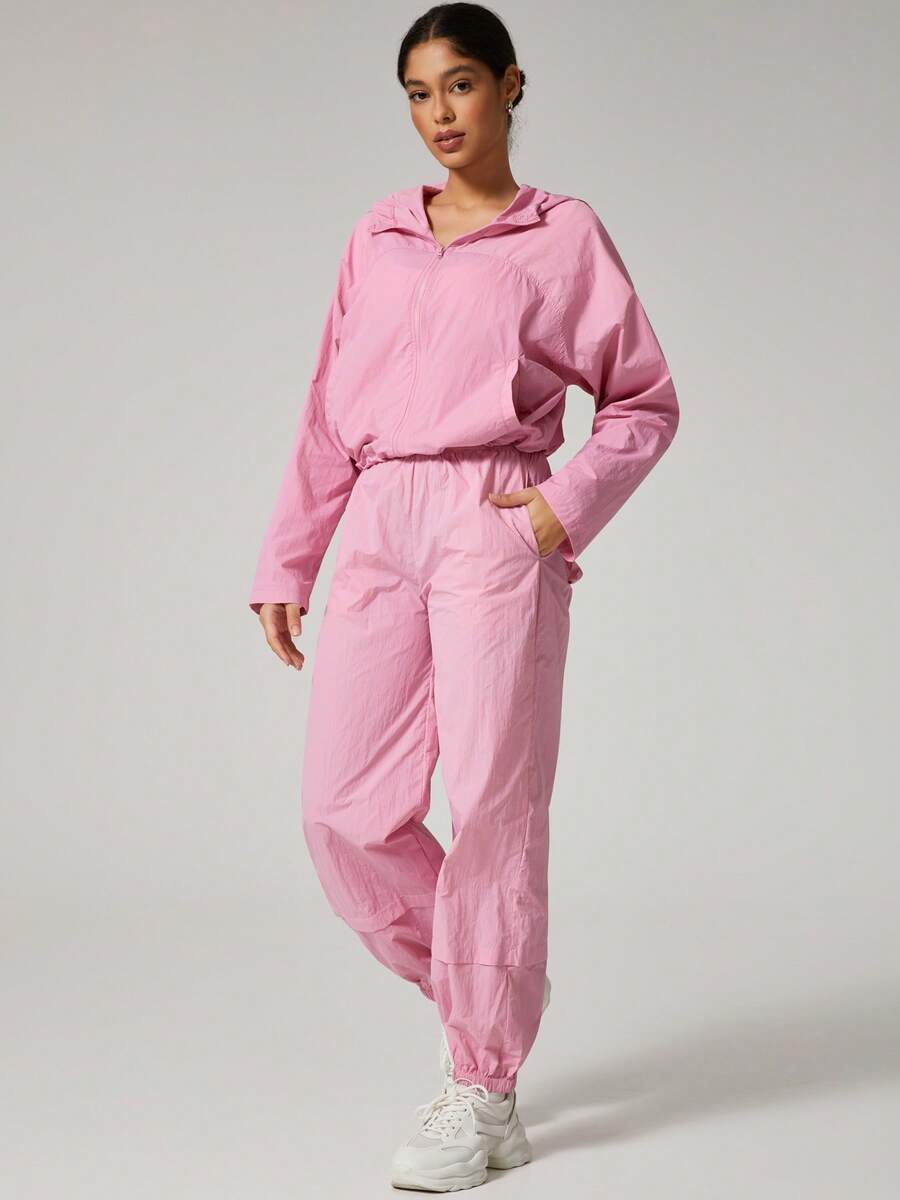 NcmRyu 1pc Women's Solid Color Casual Minimalist Stand Collar Zipper Drawstring Design Loose Comfortable Long Sleeve Sweatpants Sports Suit - Pink - View 1