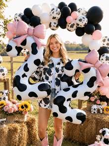 4pcs Set 40 Inch Cow Print Number Balloons 0-9, 21 Inch Matte Light Pink Bow Foil Balloons, Farm Barn Cow Theme Birthday Party Decoration, Animal Theme Baby Shower Photo Backdrop Party Supplies - Black and White Cow Print - View 3