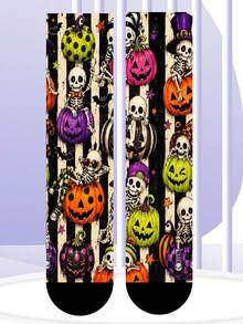 1 Pair 360° Printed Halloween Theme Mid-Calf Socks, Unisex Gothic Style, Suitable For Halloween Party - Multicolor - View 5