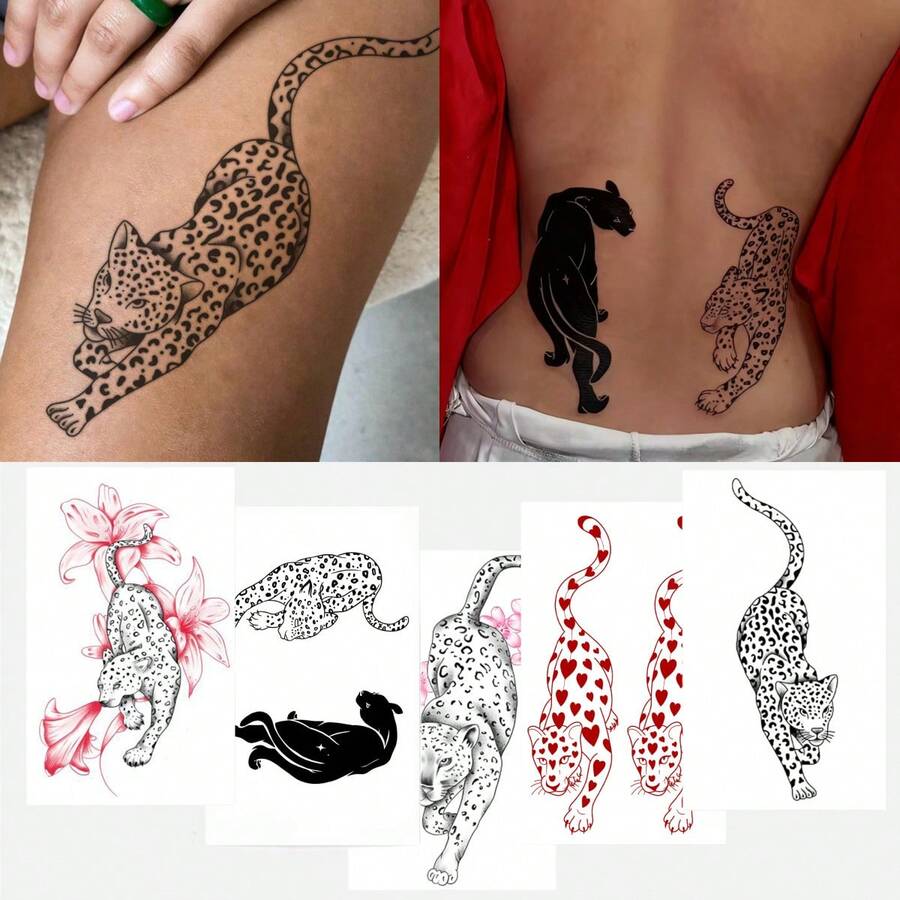 5pcs Leopard Panther Floral Temporary Tattoo Stickers Set, Waterproof Long Lasting Fake Tattoos, Black Red Body Art Decals For Arm Back Thigh, Party Festival Decorations, Easy To Apply & Remove - Multicolor - View 1