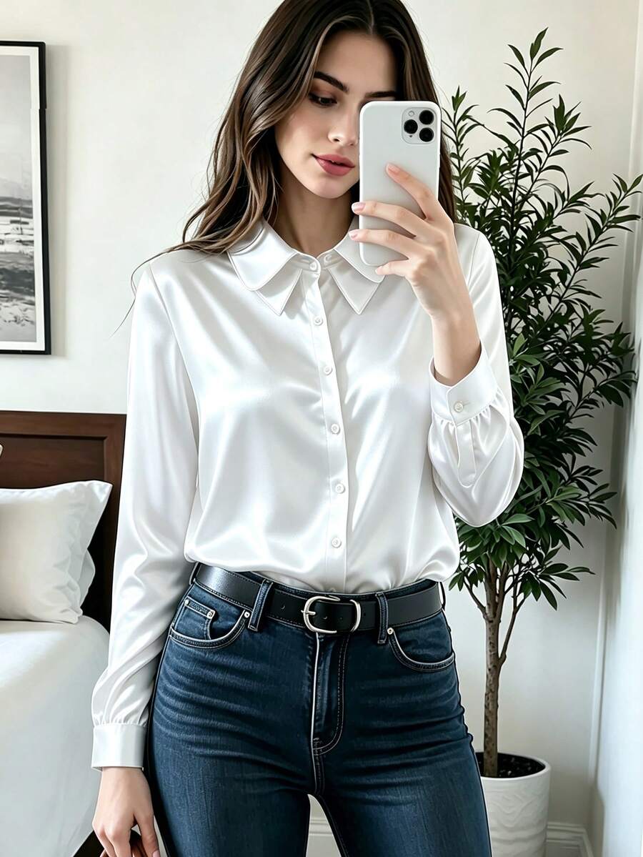 Women's Casual Vacation Daily Commute Office Solid Color Double Collar Business Shirt Blouse - White - View 1