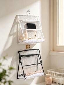 1pc Clear Transparent Hanging Storage Bag, Simple Style PVC Rectangular Organizer With Dual Compartment Design, Wall Mount Pouch For Holding Towels And Small Items For Bathroom Daily Home Use - Multicolor - View 3